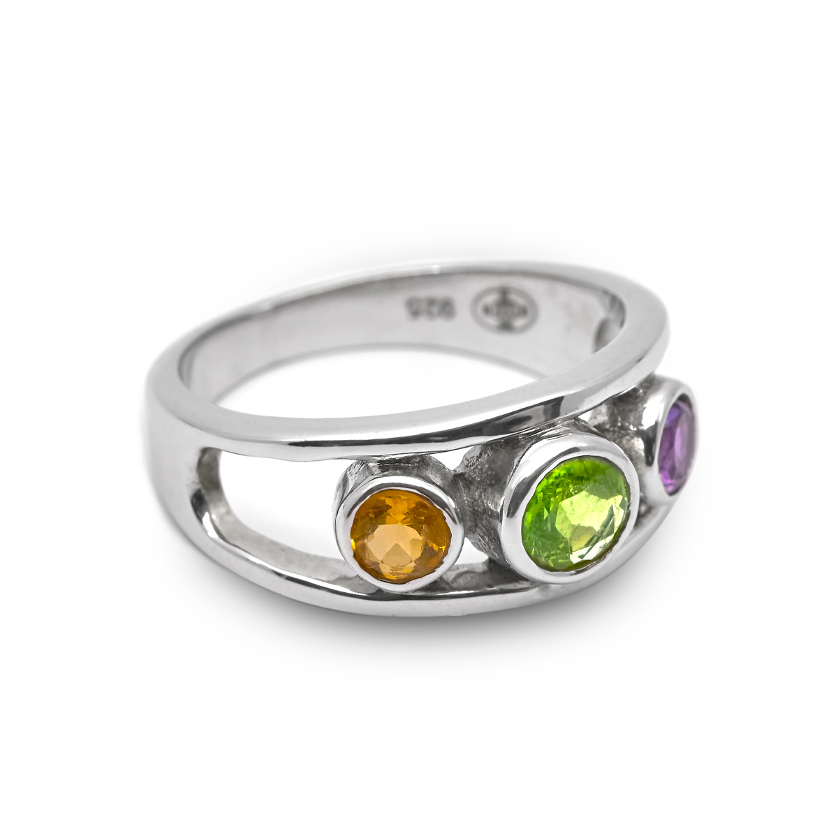 Bague peridot, citrine, amethyste argent Magalie